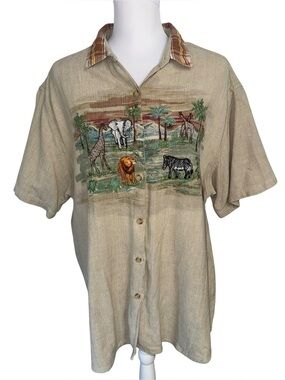VTG Victoria Jones Woman Safari Animal Embroidered Button Shirt Beige 20W Cotton